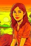 Placeholder: girl, brown hair, brown eyes, sunset, nature in the background with crocodile, handdrawn, river