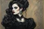 Placeholder: create a 3/4 profile, full body oil pastel of a dark haired, savage, ornately dressed, gothpunk vampire girl with highly detailed , sharply defined hair and facial features , in a smokey 19th century drawing room in the style of JOHN SINGER SARGENT