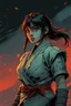 Placeholder: Original anime Japanese female kungfu warrior main character . Studio ghibli style mixed with Frank Frazetta. Mobius style background. Iconic character design. Dynamic silhouette . Unique features. Make the eyes the focal point. Dystopian sci-fi . Stone cold killer. Brilliant use of color theory and cinematic lighting. cubism style, cartoon style