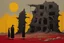 Placeholder: long-legged surreal lean black-grey figures with beak-shaped heads in overcoat, profile, semi-silhouettes among ramshackle ruins in a barren landscape of red, yellow, black and beige colors, intricate acrylic painting