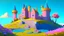 Placeholder: Single castle on a hill, Pink walls, orange towers, yellow flowers on the ground, dark blue roof and aqua blue sky and moat, very detailed and realistic