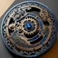 Placeholder: dwarven engraved mechanical cog, a wormlike wyrm warpped on the border, material azurite crystal and black steel