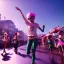 Placeholder: Ultra Realistic photo, medium shot view, drunken dancer women, carnival scene, steampunk. Pink hair, confeti, Sunglasses, smoking, happy, festival, red fog. highly detailed, concept art, unreal engine 5, ray tracing, RTX, lumen lighting, ultra detail, volumetric lighting, 3d, finely drawn, high definition, high resolution.