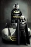 Placeholder: Albert Einstein dressed up as Batman, and standing beside the Batmobile