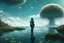 Placeholder: young woman in an android suit standing on the shore of an alien sea. Floating forests with dandelion tops in the distance