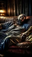 Placeholder: photorealistic, photography, full figure shot, an hairy men sleeping over an old sofa, hands behind the neck, Realistic photography, well defined facial features, strong muscular chubby sweat dirty arab, shirtless, ugly , 43 years old , open legs, manly chest, big shoulders, manly torso, long beard, dirty ripped tracksuit , very dark living room, dim light, ambient occlusion, view angle from below, frontal view from the ground