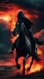 Placeholder: A black hooded with cane horse , man on a black wild horse jumping on fire ,red clouds in the sky with storm and cinematic scene 4k