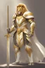 Placeholder: Humanoid lion knight wearing white and gold armor, wearing a white and gold cape, holding a large sword and shield