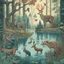 Placeholder: A detailed illustration with forest animals at the egde of a forest drinking from a lake.