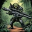 Placeholder: hidden predator [illustration by Kevin Eastman and Peter Laird] in the jungle tactic squadron member trained to kill PREDATORS, helicopterus alien with a lot of mini guns