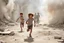 Placeholder: children running from bombs in a ruined city in israel, smoke and fire