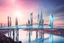 Placeholder: Dreamlike Skyline of Downtown futuristic hightech city in 4050 and a stunning futuristic Bridge During Sunlight with silver-grey clouds, over the azur-silver color river, cold colors, high detalied, sci-fi, landscape