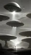 Placeholder: A land filled with hundreds of aliens in a bright light at the end of the picture a ufo object , cinematic, 8k, in black and white, fine line draw