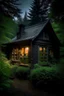 Placeholder: A cottage with windows and dim light in side the house , in a dark and tranquil bosque with much flora and rain