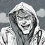 Placeholder: a closeup of a psychopathic young man with white eyes in a heavy coat and hood during a rainstorm laughing cartoon