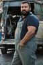 Placeholder: close up photography of an ugly 36 year old chubby robust burly turkish plumber, wearing his work unbuttoned bulging overalls, bulge, shirtless, leaning with his back to his van, arms folded and emotive look, ajar mouth, hairy chest, , very virile, short black beard, shaved hair, sweat, , in a sunny street, photorealistic , frontal view from the ground