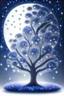 Placeholder: a background of softly blended blues, greys, silvers, and whites with distant, twinkling stars in the sky, an a spherical serene moon, casting a soft glow of light on a foreground of a field of various flowers surrounding a tree of life