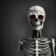 Placeholder: Smiling skeleton is photographer in studio. Big camera in hands. Photographic equipment, cameras, softboxes are in background. High detailed. Photorealistic. Scarry mood. volumetric lighting