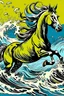 Placeholder: un caballo manchado surfeando olas en el mar al estilo andy wharhol