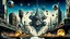 Placeholder: a stunningly weird image of a futuristic metropolis using Salvador Dali's paranoiac-critical method, where buildings and structures appear to melt into the skyline cityscape is filled with floating balls and triangles and mad, twisted sharp metal shapes that interact with the buildings and each other, forming a surreal tableau of a dreamlike reality. neu-steampunk vibe, essence of the scene in a cinematic manner, with dramatic shadows that enhance the distorted perspectives and bizarre