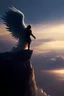 Placeholder: a close up side profile image of an evil angel, smiling and looking over the horizon on a very high cliff, 8k quality, supper realistic