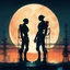 Placeholder: industrial background, silhouettes of two androids facing each other against a giant glowing full moon, neon glow, photolayer painterly styles, double exposure, dramatic, moody, romantic, by pascal Campion, impressionism