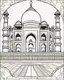 Placeholder: a coloring book, coloring page, depicting the Taj Mahal, cartoon style