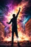 Placeholder: Young man standing, with arms raised, in front of a building that is exploding at night, with coloured auras and lightning around him