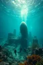Placeholder: A view of the ruins of Atlantis city under the ocean water with marine plants and , a big submarine is sinking underwater and small divers are diving discovering around , cinematic scenes , high quality picture with rough water