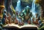 Placeholder: book cover oil painting of archeologists discovering elven woodland creatures in Rivendell worshipping big fat alien troll statues with many head and idols like from a myth or legend, on a strange planet with weird colors and waterfalls, bokeh like f/0.8, tilt-shift lens 8k, high detail, smooth render, down-light, unreal engine, prize winning