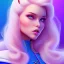 Placeholder: Snow white, beautiful, soft,long straight blonde hair blues eyes, transparent and pink and blue suit, background brillante pink and blue,