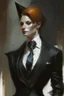 Placeholder: a fox in black suit,white collar neck band and court gown in the style of Aleksi Briclot, Charlie Bowater, Dean Cornwell, and Pino Daeni