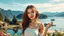 Placeholder: create a realistic photo of beautiful lady with make up in Austeria country side house standing hands relax pose next to pretty lake with ships,trees houses,wild flowers, pretty beach ,and distance mountains 16 by 9