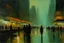 Placeholder: Futuristic city in a cloudy day, lake, people, sci-fi, cyberpunk influence, lesser ury impressionism painting