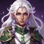 Placeholder: dnd, female human, white hair, green military uniform, purple eyes, bard, stern, braid, emblem with 3 spiraling drops