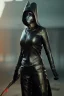 Placeholder: executioner in black leather, mature woman, mask, cleavage, evil, angry, sci-fi fantasy style, 8k,dark