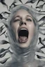 Placeholder: A realistic , 8k high quality image of a person's face from above, face is covered with a plastic, can't breath, suffocating with the face showing like vacuumed under the plastic, eyes open and looking in fear, metaphorically depicting the suffocating grip of anxiety, gothic and dramatic, chaos80 , with debree flying around, abstract