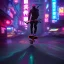 Placeholder: photo of a ninja riding a skateboard; in an alternate universe in tokyo; cyberpunk; realistic; rain; neon signs