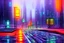 Placeholder: Futuristic cyberpunk street foreground, impressionism painting