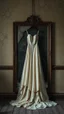 Placeholder: An old dusty wedding dress hanging on the wall in front of cracked big mirror on the wall of an abandoned room , Bosch painting style, sad and tragic and dark scenes