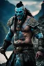 Placeholder: portrait of an orc king. Tribal Tattoo. Dark braided hair and ice blue eyes. smiling. Half of his head is shaved. wearing jewellery. Carrying a battleaxe. High resolution. 4K. 8K. Dark Fantasy style. Cave in the background