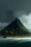 Placeholder: Creat a cost of an island filled with palms tree with a mountain in the background and a thunderstorms and rain and foggy clouds and high waves, cinematic, 8k, high quality photo , thine lin and dim sun light behind the clouds, Busch painting style nightmares