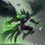 Placeholder: demonio de armadura verde y negro y alas negras con plumas volando hacia abajo a gran velocidad