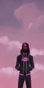 Placeholder: snoop dogg looking at the sky. On a pink street. buildings. Black Oversize sweatsuit.