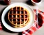 Placeholder: Round waffle with maple syrup plate, red plaid napkin, fork