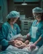 Placeholder: image of two doctors in a hospital surgical theatre holding a newborn baby