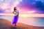 Placeholder: very nice real face beautiful sexy roman with make up at the beach standing pose in a short lace purple and silver dress, full body, 3D cloudy sky volumetric nice clouds 8k sharp focus,sunset,golden hour,medium shot