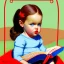 Placeholder: Actress Angelina jolie as a toddler, pony tail, big blue eyes, big lips, with a book,in the garden , illustrated by Marcel Marlier, red dress, soft colors, , vintage