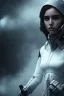 Placeholder: All Black suit Ana de Armas soldier, ghost, wearing high tech mask, white smoke, dark, rage, sorrow, high definition, ultra 8 k, volumetric lighting, blue fire, fog