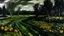 Placeholder: Dark green wetlands with pumpkins painted by Claude Monet